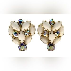 Vintage GoldTone Clip On Earrings Prong Set White Milk Glass Faceted AB Crystals